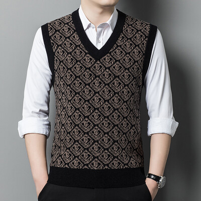 Ανδρικό 14% μάλλινο πλεκτό πουλόβερ πουλόβερ αμάνικα Argyle μοτίβα ρετρό vintage για το φθινόπωρο χειμώνα V λαιμόκοψη 00946