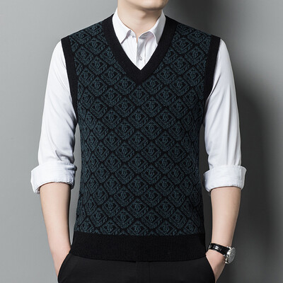 Ανδρικό 14% μάλλινο πλεκτό πουλόβερ πουλόβερ αμάνικα Argyle μοτίβα ρετρό vintage για το φθινόπωρο χειμώνα V λαιμόκοψη 00946