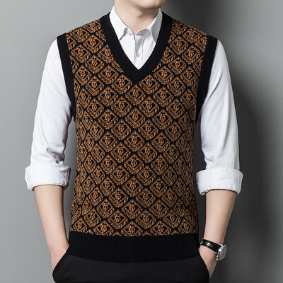 Ανδρικό 14% μάλλινο πλεκτό πουλόβερ πουλόβερ αμάνικα Argyle μοτίβα ρετρό vintage για το φθινόπωρο χειμώνα V λαιμόκοψη 00946