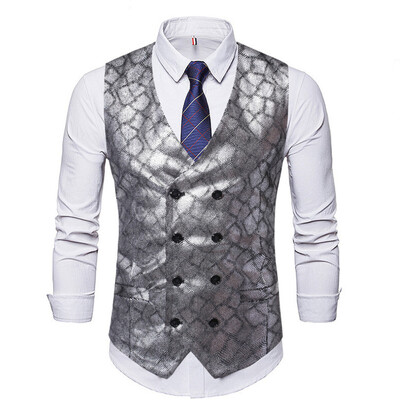 #4845 Zlatno srebrni prsluk Muško odijelo Muški prsluci s dvostrukim kopčanjem V-izrez Vintage svjetlucavi printani muški prsluci Regular Fit Blazer prsluk