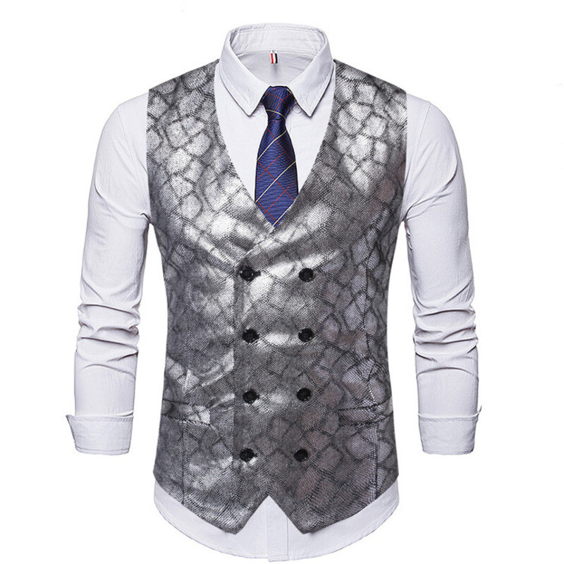 #4845 Zlatno srebrni prsluk Muško odijelo Muški prsluci s dvostrukim kopčanjem V-izrez Vintage svjetlucavi printani muški prsluci Regular Fit Blazer prsluk