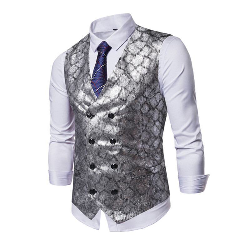 #4845 Zlatno srebrni prsluk Muško odijelo Muški prsluci s dvostrukim kopčanjem V-izrez Vintage svjetlucavi printani muški prsluci Regular Fit Blazer prsluk