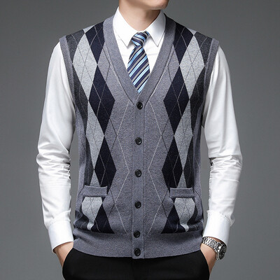 Uus sügismoebränd Argyle kardigan kampsun Deep V kaelusega kootud vest Meeste trendikas 6% villane teemant varrukateta vabaajarõivad