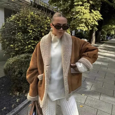 2024 Νέο Ευρωπαϊκό και Αμερικάνικο Casual Faux Fur Γυναικεία ρούχα Ρετρό γιακά μεγάλη τσέπη Κοντό αρνί μάλλινο ζεστό μπουφάν