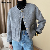 Elegantne kärbitud villasegu mantel naistele 2024. aasta kevad-sügis, uus üherealine klassikaline lihtne massiivne kahepoolne villane jope