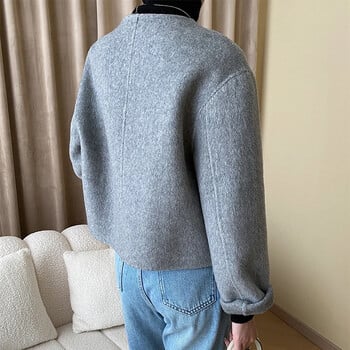 Κομψό Cropped Wool Blend παλτό για γυναίκες άνοιξη φθινόπωρο 2024 Νέο μονό στήθος Κλασικό απλό μασίφ μάλλινο μπουφάν διπλής όψεως