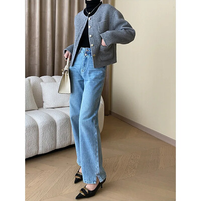 Elegantne kärbitud villasegu mantel naistele 2024. aasta kevad-sügis, uus üherealine klassikaline lihtne massiivne kahepoolne villane jope