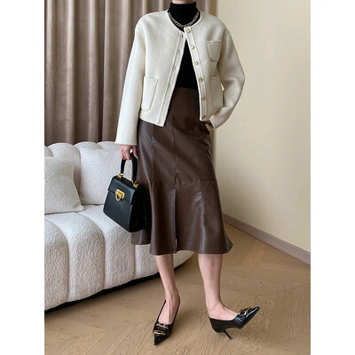 Elegantne kärbitud villasegu mantel naistele 2024. aasta kevad-sügis, uus üherealine klassikaline lihtne massiivne kahepoolne villane jope