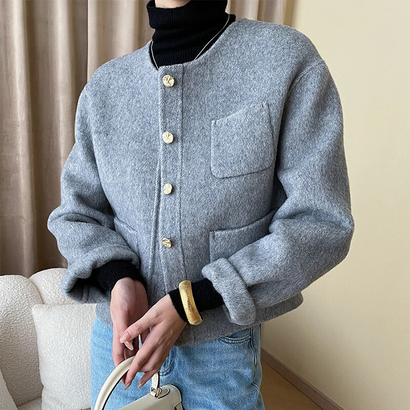 Elegantne kärbitud villasegu mantel naistele 2024. aasta kevad-sügis, uus üherealine klassikaline lihtne massiivne kahepoolne villane jope