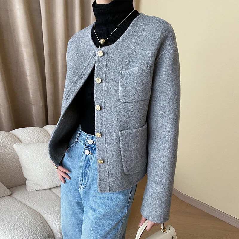 Elegantne kärbitud villasegu mantel naistele 2024. aasta kevad-sügis, uus üherealine klassikaline lihtne massiivne kahepoolne villane jope