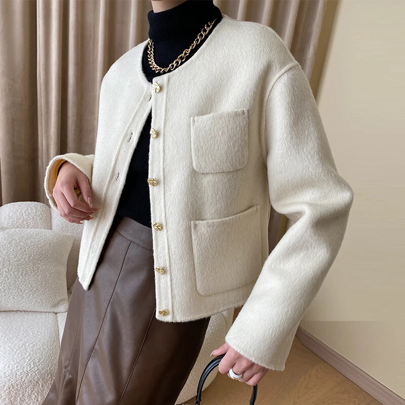 Elegantne kärbitud villasegu mantel naistele 2024. aasta kevad-sügis, uus üherealine klassikaline lihtne massiivne kahepoolne villane jope