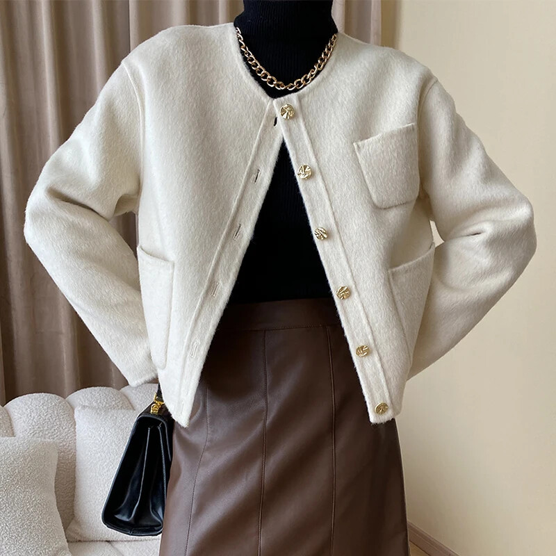 Elegantne kärbitud villasegu mantel naistele 2024. aasta kevad-sügis, uus üherealine klassikaline lihtne massiivne kahepoolne villane jope