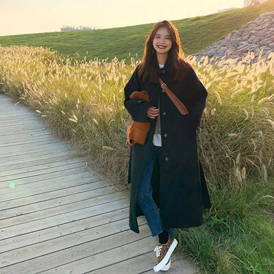 Naiste keskmise pikkusega villane mantel Elegantne vintage, avar, tühikäiguline stiil sügis-talvisel hooajal