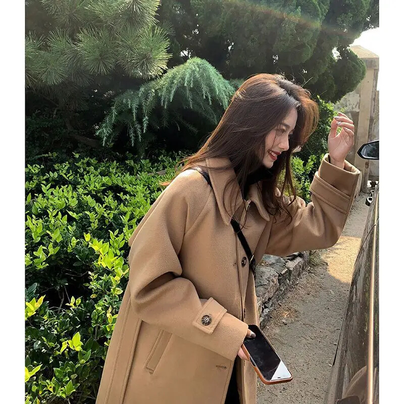 Naiste keskmise pikkusega villane mantel Elegantne vintage, avar, tühikäiguline stiil sügis-talvisel hooajal