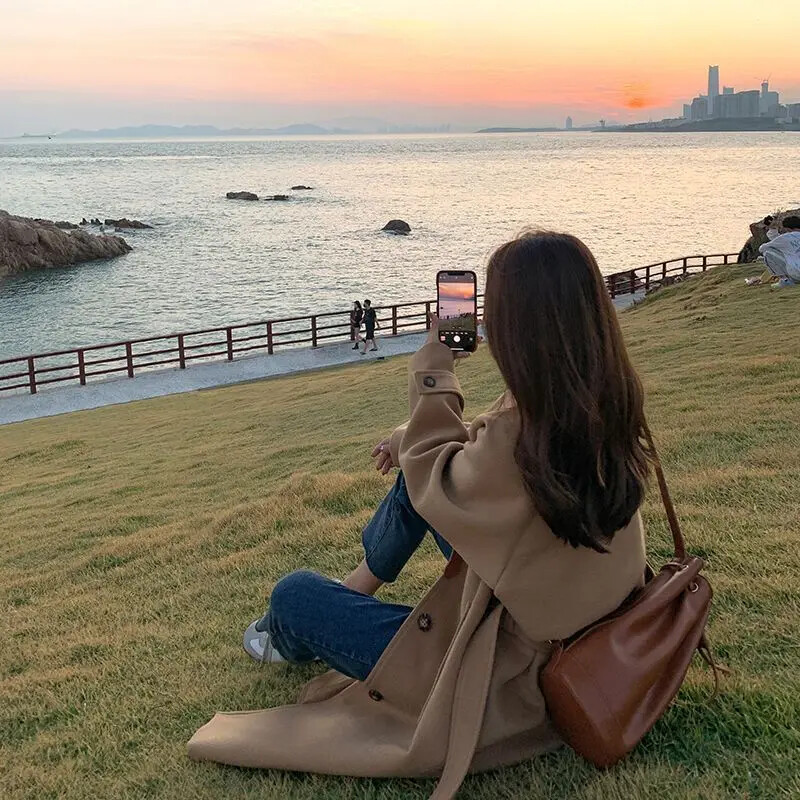 Naiste keskmise pikkusega villane mantel Elegantne vintage, avar, tühikäiguline stiil sügis-talvisel hooajal