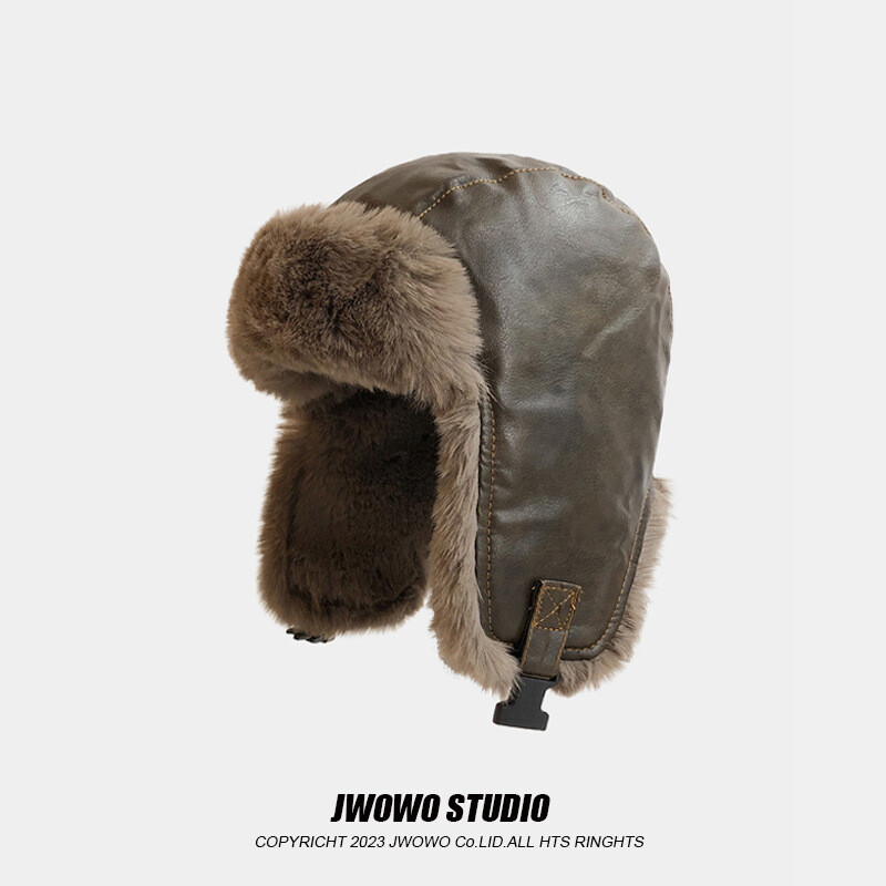 Pălărie de motocicletă în aer liber Maillard Lei Feng, retro, iarnă, pentru bărbați, din piele PU îngroșată, cu pluș, cu protecție pentru urechi, pălărie de schi în aer liber pentru femei