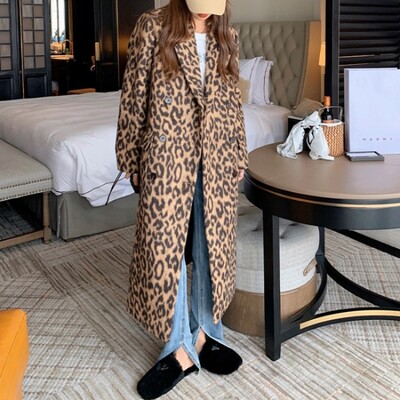 Palton de lână cu mânecă lungă pentru femei, imprimeu clasic de leopard, stil liber, modă feminină, îmbrăcăminte lungă, ocazional, versatil, iarnă