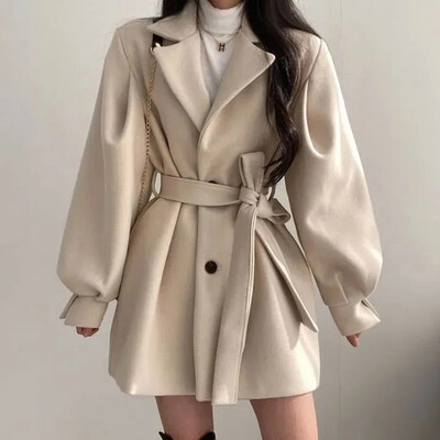 Trenci șic șic pentru femei, modă coreeană, elegantă, cu mâneci lanternă, jachetă midi, haină lângă de lână, toamnă iarnă