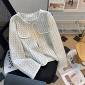 Društveni temperamentni karirani mali mirisni stil jakne za žene Nova modna kratka majica s bisernom kopčom od grubog tvida