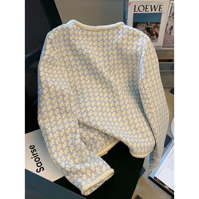 Društveni temperamentni karirani mali mirisni stil jakne za žene Nova modna kratka majica s bisernom kopčom od grubog tvida