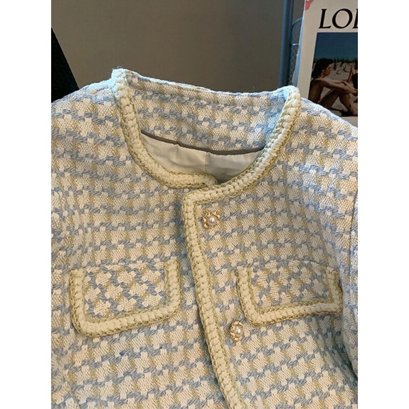 Društveni temperamentni karirani mali mirisni stil jakne za žene Nova modna kratka majica s bisernom kopčom od grubog tvida