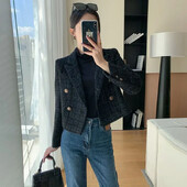 Vintage γυναικείο κοντό τζάκετ 2024 Νέο φθινοπωρινό κομψό μαύρο τουίντ μπουφάν Cropped για γυναίκες Μοντέρνο Ζεστό