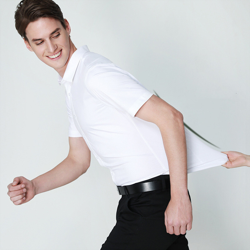 Cămașă rochie cu mânecă scurtă pentru bărbați, de vară, fără călcat, de culoare uni, de bază, de afaceri, formală, elastică, moale, rezistentă la riduri, ocazional, topuri de birou