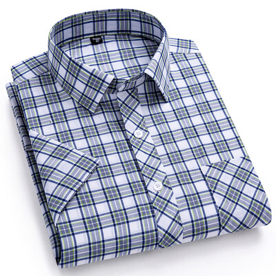 Ανδρικό κλασικό, καρό, κοντό μανίκι, βαμβακερό πουκάμισο με ένα στήθος, κατάλληλο μπλουζάκι για καλοκαιρινά ρούχα