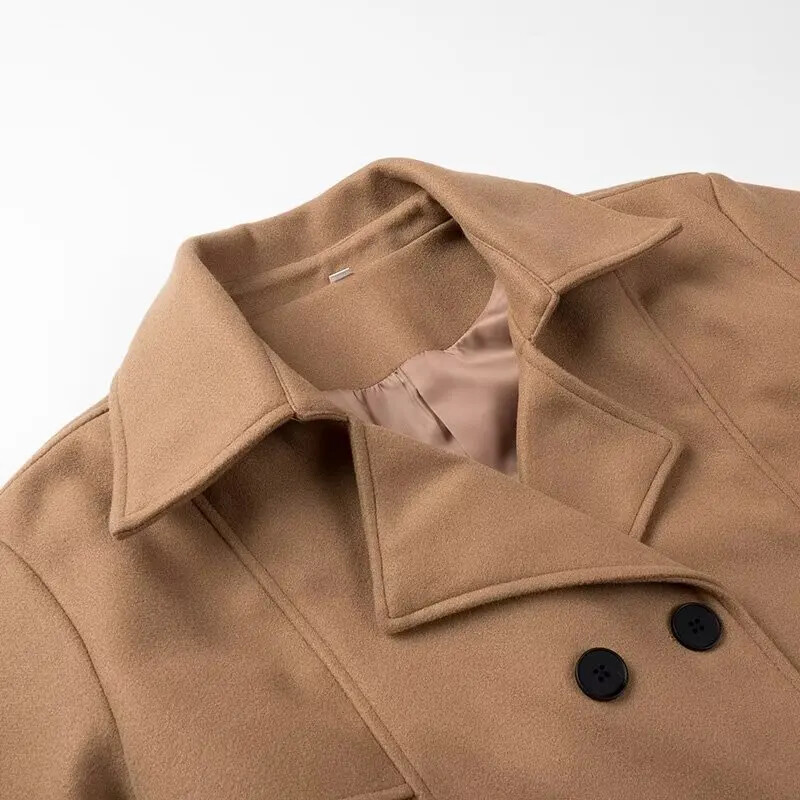 Y2K TRAF 2024 Ženski dugi vuneni kaputi Ženski zimski kaput na vezanje za žene Chic Gornja odjeća s dvorednim kopčanjem i džepovima Novi kaput