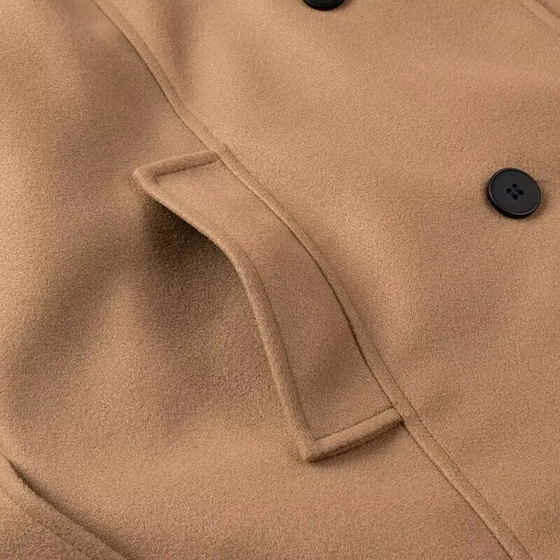 Y2K TRAF 2024 Ženski dugi vuneni kaputi Ženski zimski kaput na vezanje za žene Chic Gornja odjeća s dvorednim kopčanjem i džepovima Novi kaput