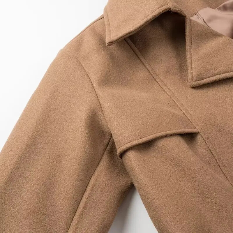 Y2K TRAF 2024 Ženski dugi vuneni kaputi Ženski zimski kaput na vezanje za žene Chic Gornja odjeća s dvorednim kopčanjem i džepovima Novi kaput