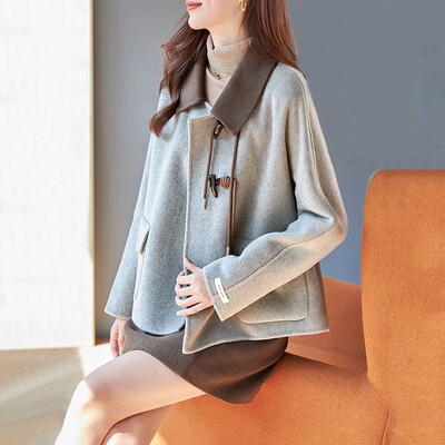 Jesen Zima Novi ženski kaputi Korejski kaputi od deblje vune i mješavine Kaputi s rasklopnim ovratnikom Modni ženski kaput s kopčom od bikovog roga