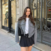 Jachetă scurtă și la modă piele perla rever cu fermoar design cu capac cu clapetă Decorație culoare solidă jachetă casual cu buclă