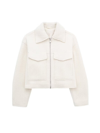 Jachetă scurtă și la modă piele perla rever cu fermoar design cu capac cu clapetă Decorație culoare solidă jachetă casual cu buclă