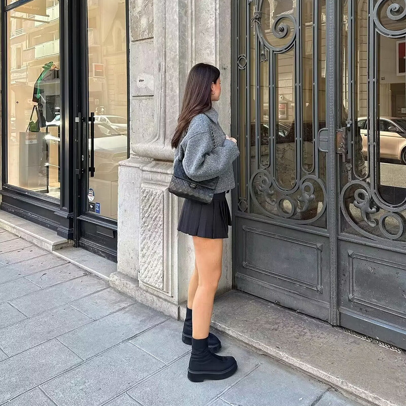 Jachetă scurtă și la modă piele perla rever cu fermoar design cu capac cu clapetă Decorație culoare solidă jachetă casual cu buclă