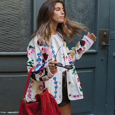 Ženska jakna s boemskim vintage printom, modna modna jakna s O-izrezom, jednoredno kopčanje s punim rukavima, ženski jesenski ženski kaputi 2024., ulična odjeća
