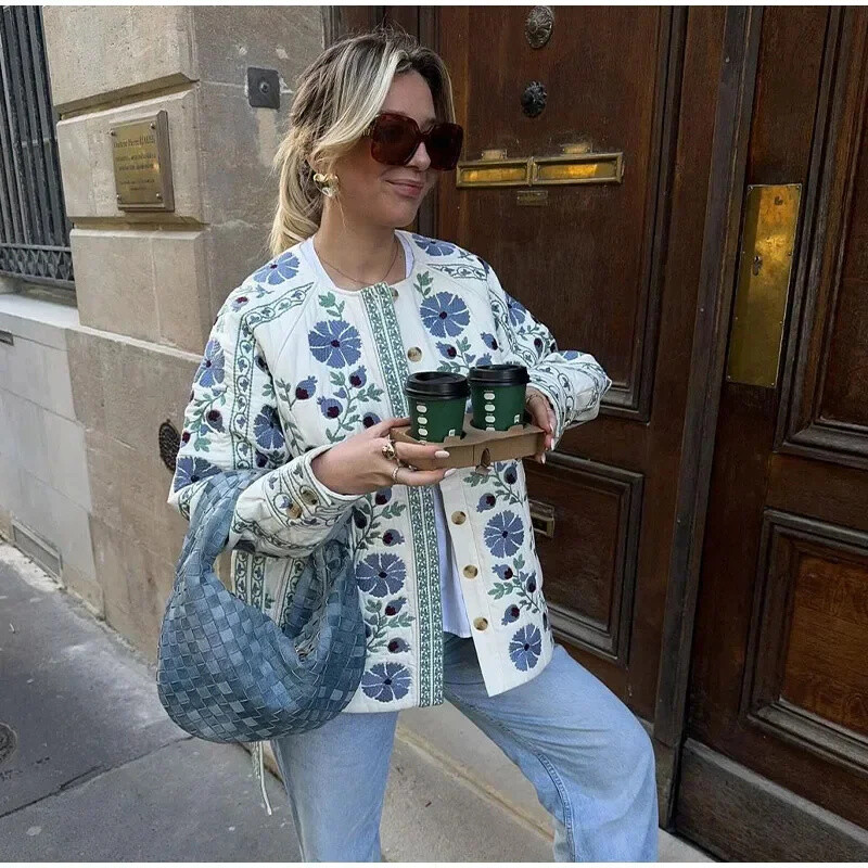 Ženska pamučna jakna na vezanje 2024., novi kardigan s cvjetnim uzorkom, prošivena jakna, jesen i zima, topla, elegantna ženska gornja odjeća za ulice