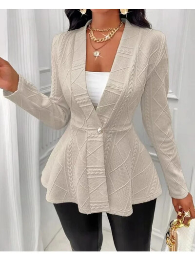 Jesen 2024. Ženska šik teksturirana jakna s gumbima s perlama V-izrez Elegantna naborana dugih rukava Savršena gornja odjeća