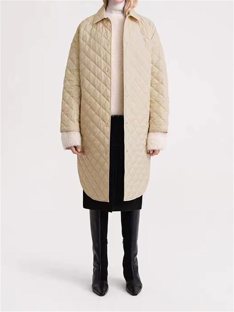 Ženski prošiveni kaput srednje dužine s dijamantnim karirama Rana jesen 2023. Novi ženski jednoredni sako dugih rukava s otvorenim ovratnikom