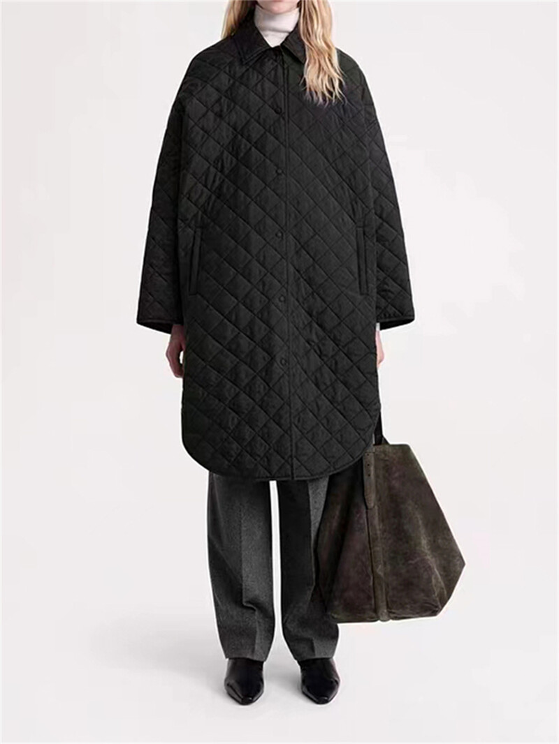 Ženski prošiveni kaput srednje dužine s dijamantnim karirama Rana jesen 2023. Novi ženski jednoredni sako dugih rukava s otvorenim ovratnikom