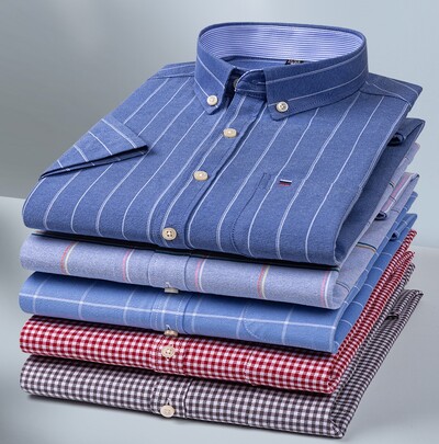Cămașă pentru bărbați la modă, mânecă scurtă, 100% bumbac, cu dungi Oxford, în carouri, cămașă formală pentru bărbați, ocazională, disponibilă în mărimi mari
