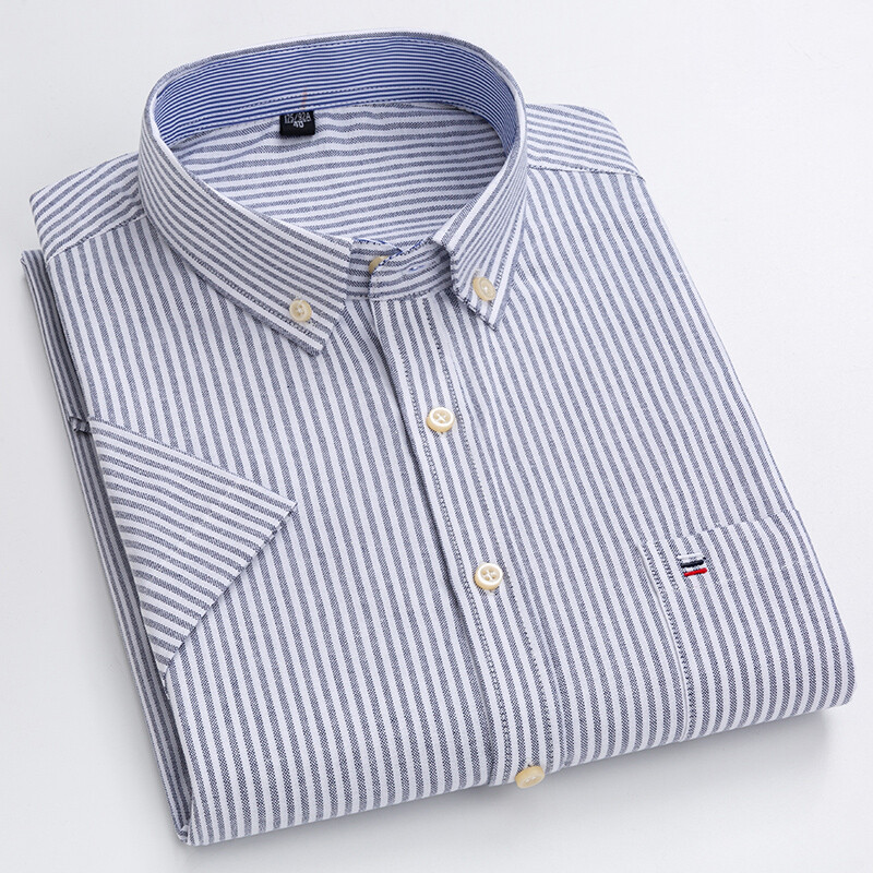 Moodne meeste särk lühikeste varrukatega 100% puuvillane Oxford Stripe Plaid Formaalne meeste vabaaja sotsiaalne särk, saadaval suurtes suurustes