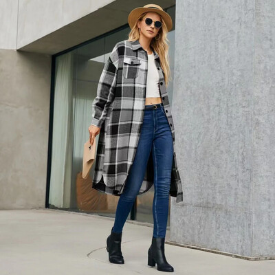 Novi jesenski kaputi od košulje 2024. Labavi vuneni Y2K vuneni trenč kaput s bočnim prorezom na rever Ženski karirani kaput dugih rukava Jakne s džepovima