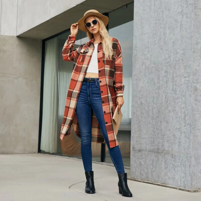 Novi jesenski kaputi od košulje 2024. Labavi vuneni Y2K vuneni trenč kaput s bočnim prorezom na rever Ženski karirani kaput dugih rukava Jakne s džepovima