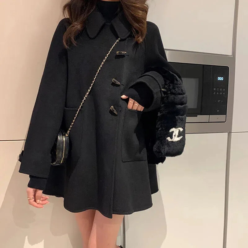 Toamnă/iarnă pentru damă, cu nasturi în corn îngroșat, în linie A, top larg, pardesiu vintage în stil Hongkong, design de nișă de sensibilitate