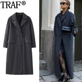 TRAF Oversize pikk mantel Naiste hallid kunstvillased mantlid ja segud Sügistalv Uued mantlid Naiste tänavarõivad pikkade varrukatega mantlid