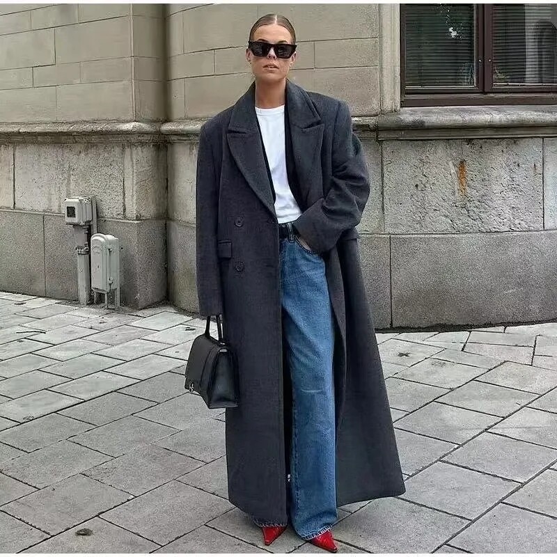 TRAF Oversize pikk mantel Naiste hallid kunstvillased mantlid ja segud Sügistalv Uued mantlid Naiste tänavarõivad pikkade varrukatega mantlid