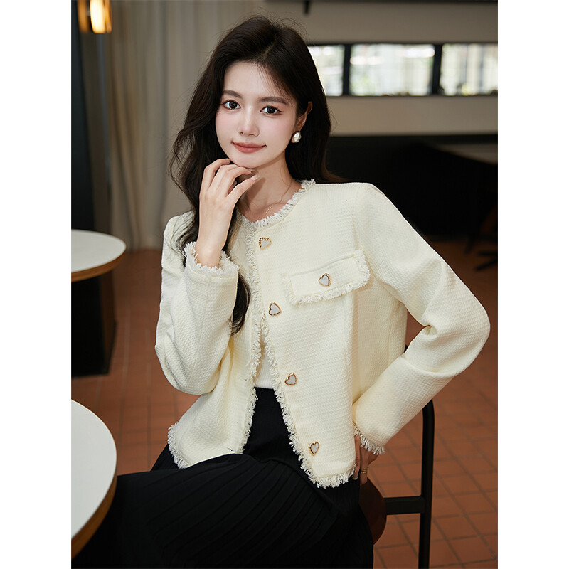 Naiste sügismood Temperament armastusnööbid O-kaelusega pikkade varrukatega kampsun mantel Naisteriided Kontorirõivad Naistele sobivad trendjakid