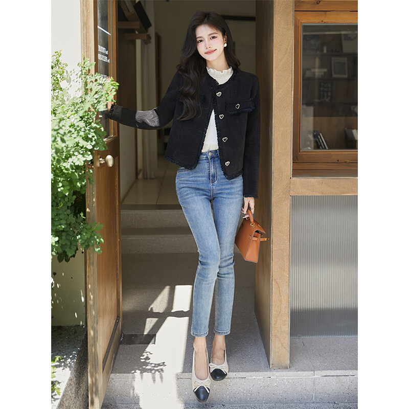 Naiste sügismood Temperament armastusnööbid O-kaelusega pikkade varrukatega kampsun mantel Naisteriided Kontorirõivad Naistele sobivad trendjakid