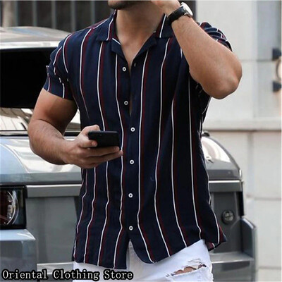 Ανδρικό casual πουκάμισο καλοκαιρινό με κουμπιά με κοντομάνικα ριγέ στάμπα που αναπνέει, άνετο πουκάμισο για εργασία σε εξωτερικούς χώρους διακοπών